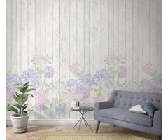 Fotobehang Hortensia's op houten planken