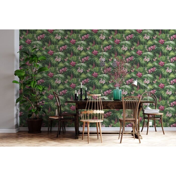 Behang met tropische bladeren en bloemen