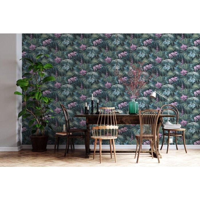 Behang met tropische bladeren en bloemen