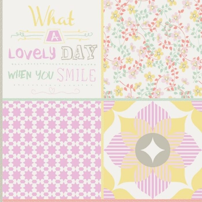 Behang patchwork bloemen en tekst 61171-14