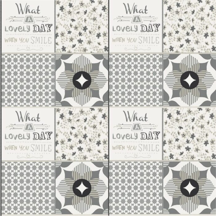 Behang patchwork bloemen en tekst 61171-06