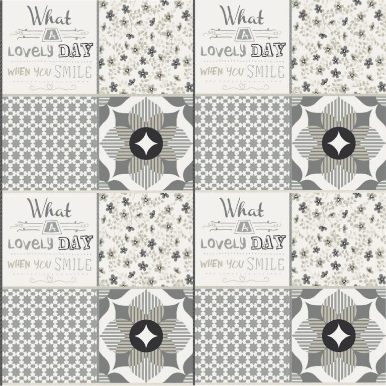 Behang patchwork bloemen en tekst 61171-06