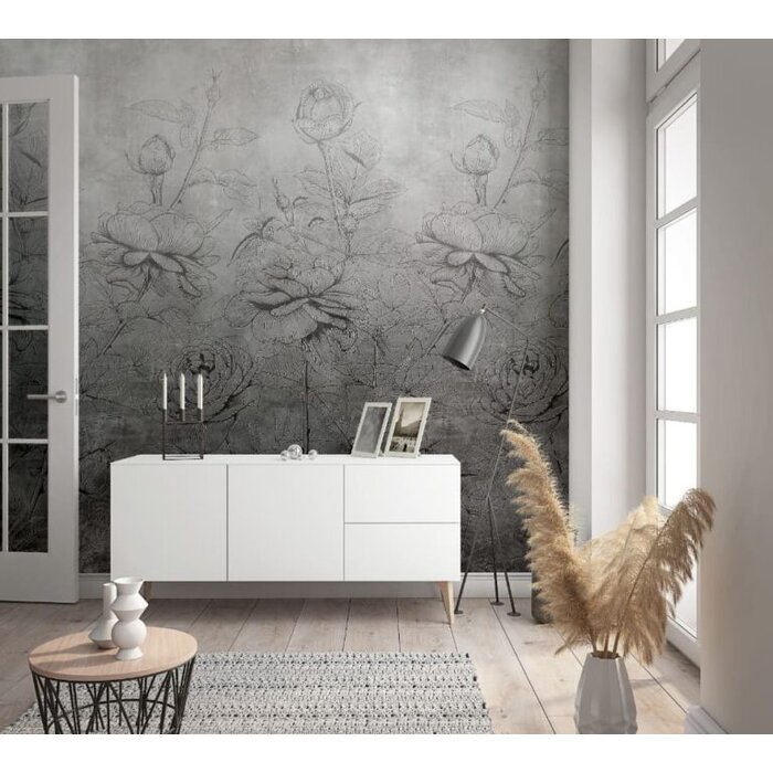 Fotobehang met pioenrozen op degradé beton look 81602