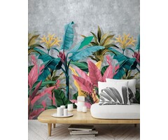 Fotobehang met grote gekleurde bladeren op een beton achtergrond 81601