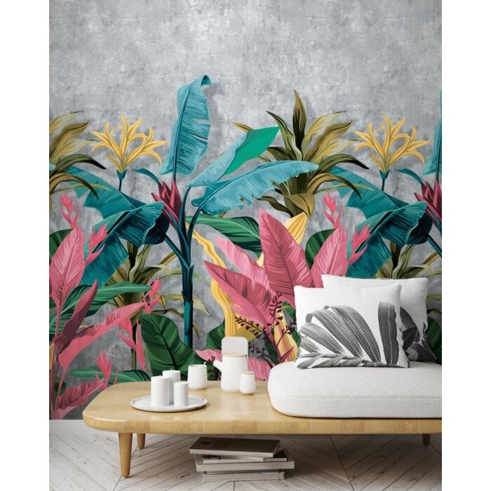 Fotobehang met grote gekleurde bladeren op een beton achtergrond 81601