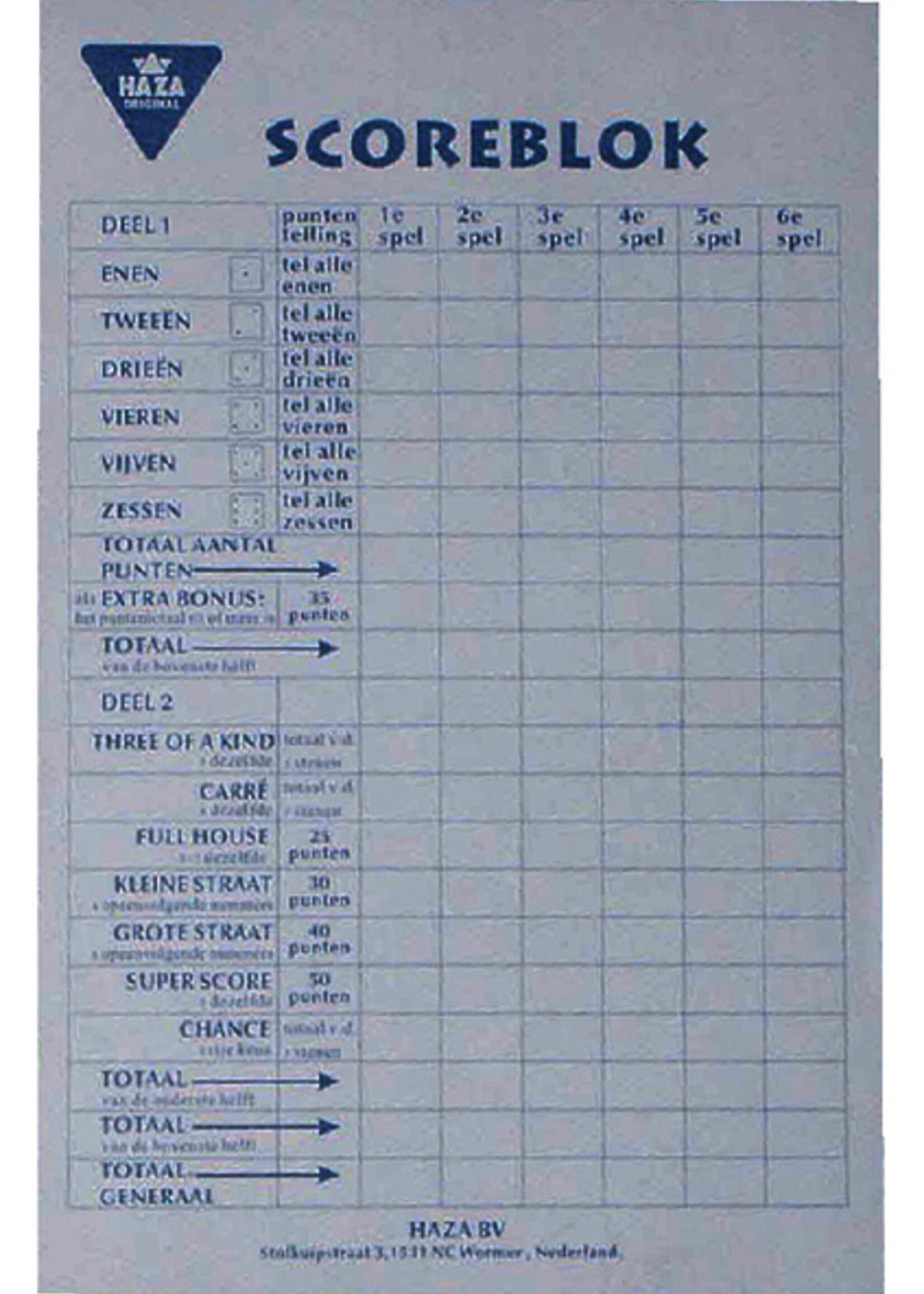 Haza Haza SCOREBLOK YAHTZEE 94X145