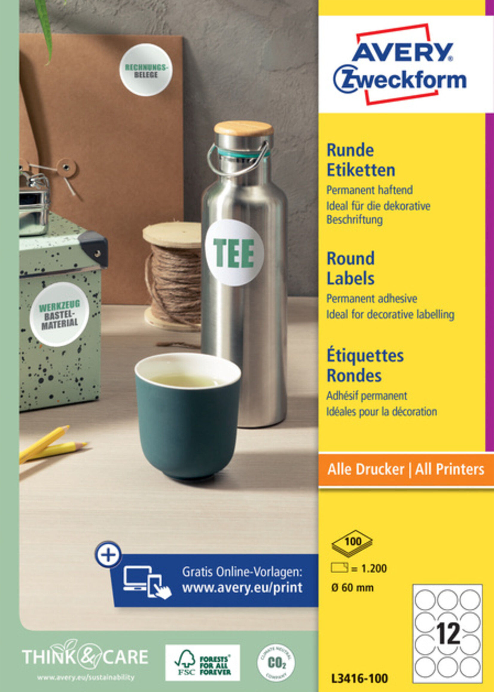 Avery Zweckform Avery Zweckform ETIKET L3416 60MM WT 100VEL