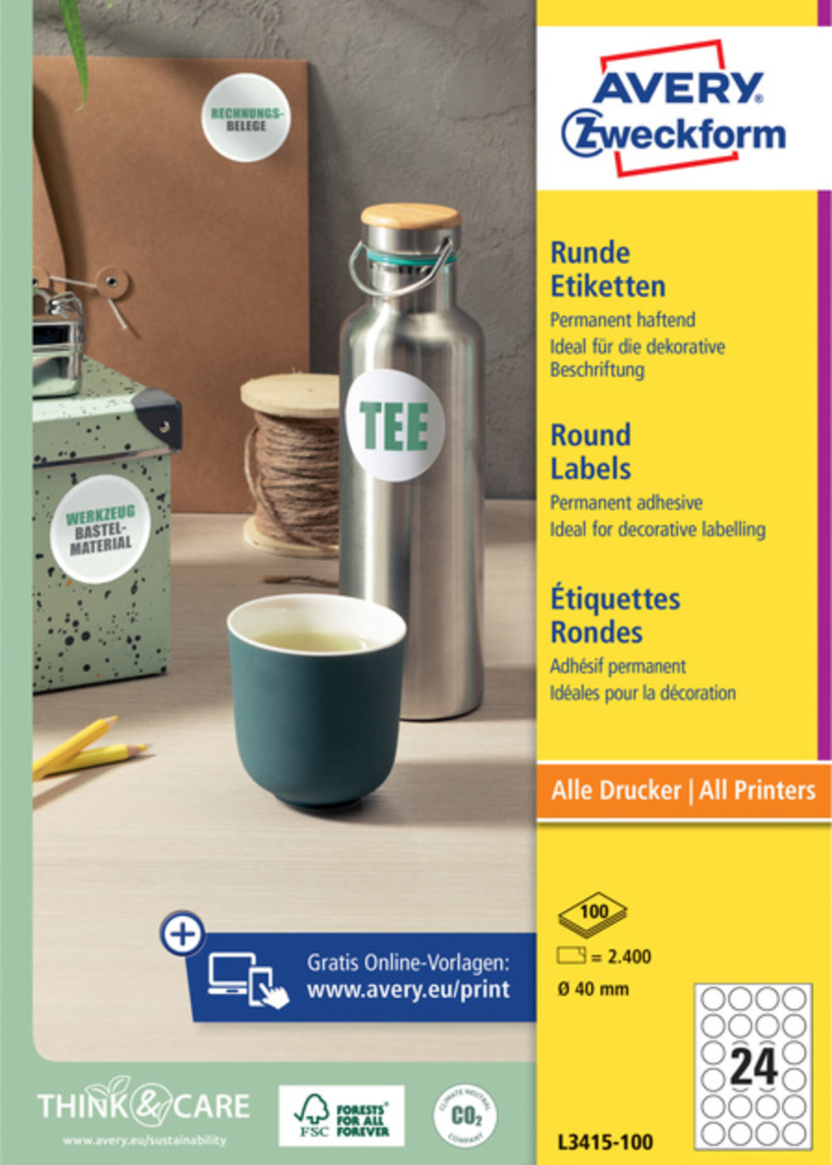 Avery Zweckform Avery Zweckform ETIKET L3415 40MM WT 100VEL