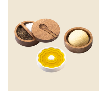 Style de Vie Kermakieken-Schale für Olivenöl sowie Schale aus Akazienholz für Butter, Pfeffer und Salz.