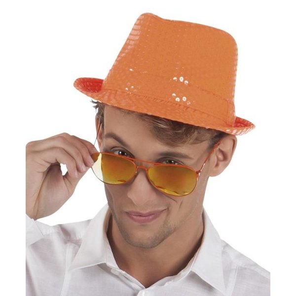kennisgeving Mooi Binnenwaarts Neon oranje hoed met pailletten - Feestperpost
