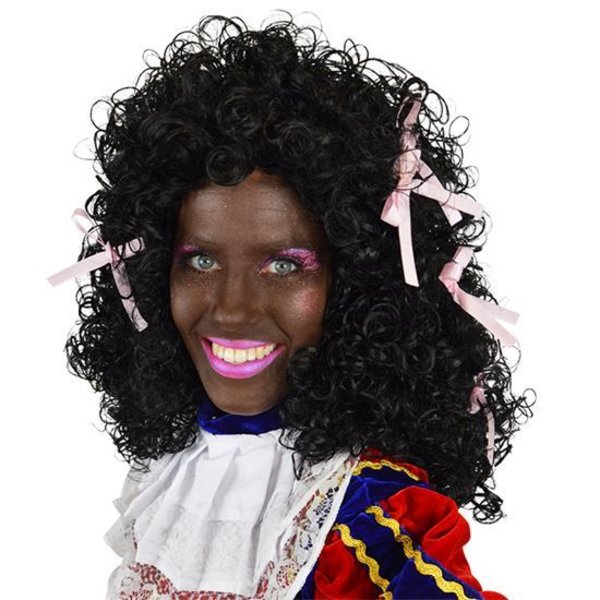 komen een verband Dames Zwarte Piet pruik met roze strikjes - Feestperpost