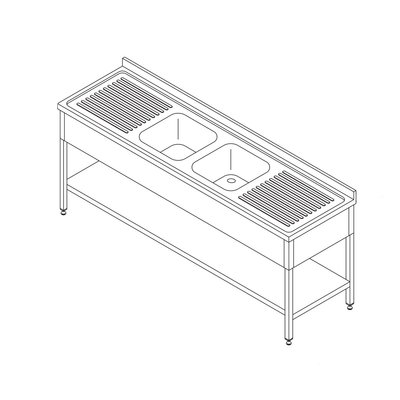 Maxima Dishwasher Table - 2 Sinks - with Backsplash and Shelf - 210 x 70cm