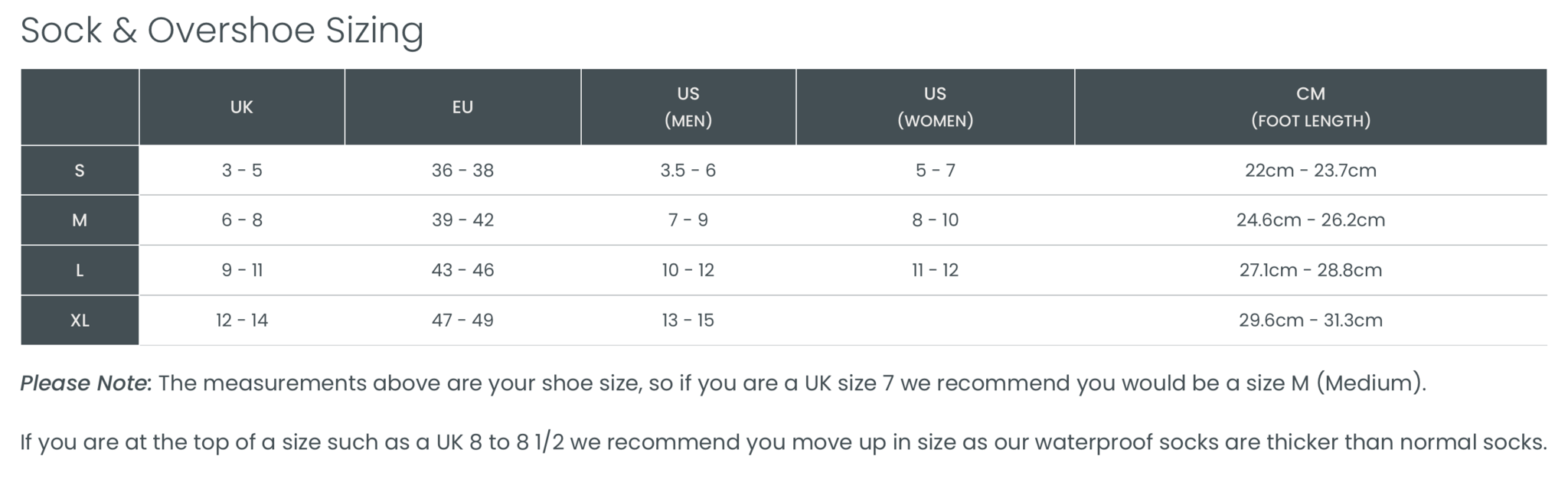 Sock and Overshoe Sizing - S, M, L and XL
